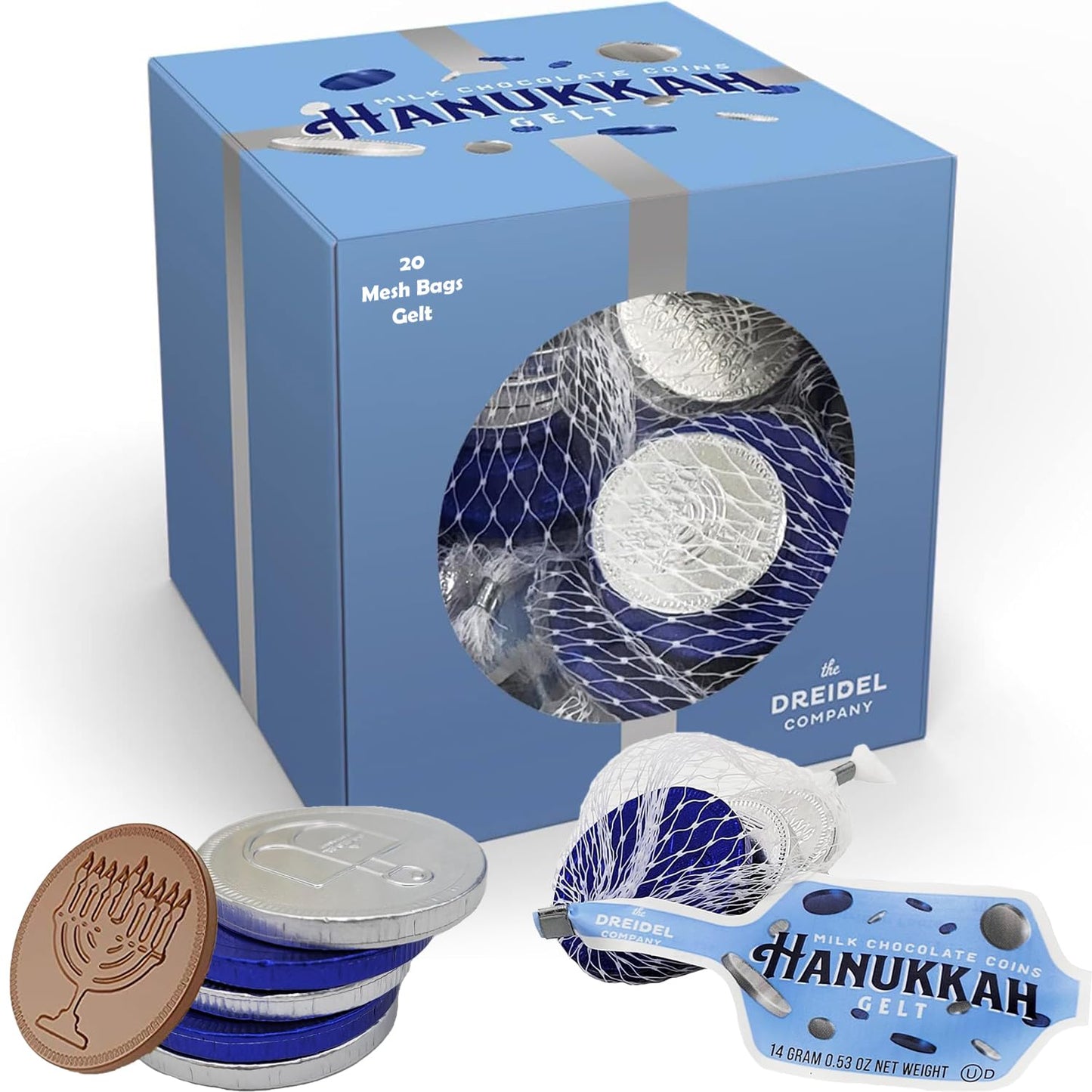 The Dreidel Company Hanukkah Gelt Blue & Silver Coins, Gluten Free, Non-GMO, Kosher Certified, 24 Count in 10 Mesh Bags