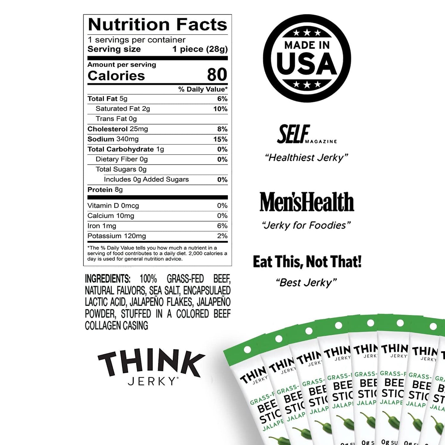 Think Jerky, Jalapeno Grass-Fed Beef Sticks, Master Case,1 Ounce (10 Packs Of 5) Sugar Free, Gluten Free, No Nitrates, Keto Frie