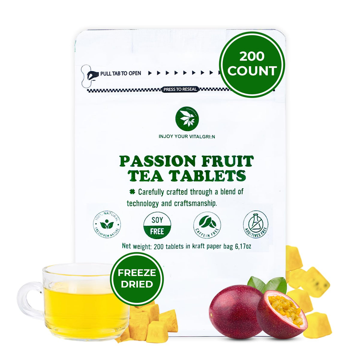 Freeze-Dried Passion Fruit Cubes For Tea & Snack  200 Count  6.17 Oz  Vitamin & Fiber Support  Vacuum Sealed With Zipper Bag  Sweet & Sour  No Sugar Added  No Energy Blend
