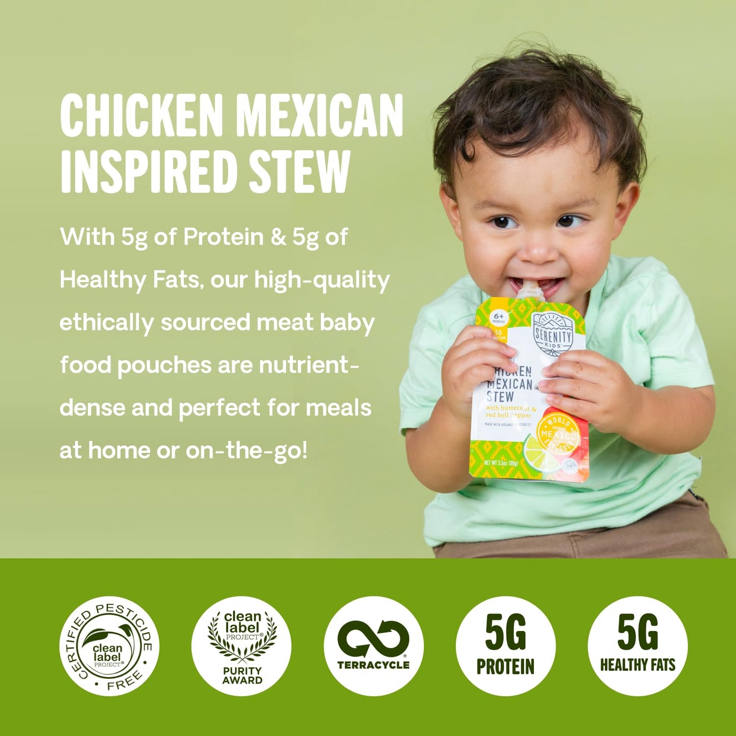 Serenity Kids 6+ Months Chicken Mexican Stew Baby Food Pouch - 3.5 Oz, Pack Of 12 - Dv 5G Protein Baby Protein Pouches - Chicken Veggie Puree - On-The-Go Convenience
