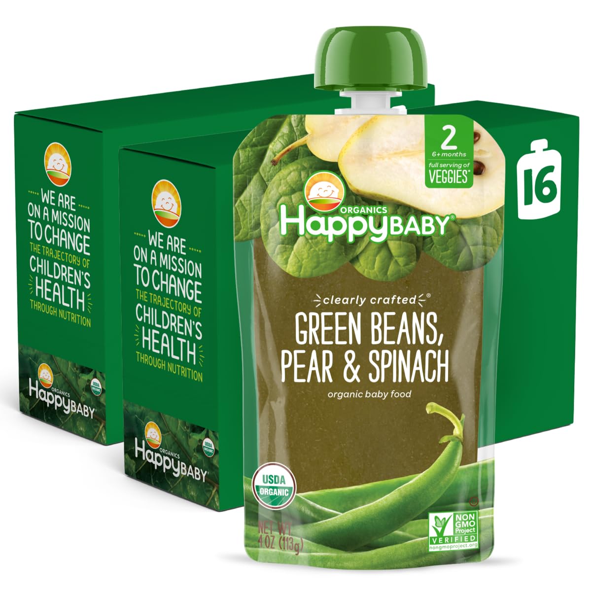 Happy Baby Organics Stage 2 Baby Food Pouches, Gluten Free, Vegan & Healthy Snack, Clearly Crafted Fruit & Veggie Puree, Green Beans, Pears & Spinach, 4 Ounces (Pack of 16)