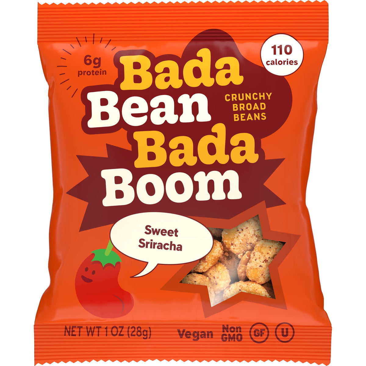 Enlightened Bada Bean Bada Boom Sriracha Snacks, Plant-Based Protein, Gluten Free, 1 oz, 24 Pack, Red