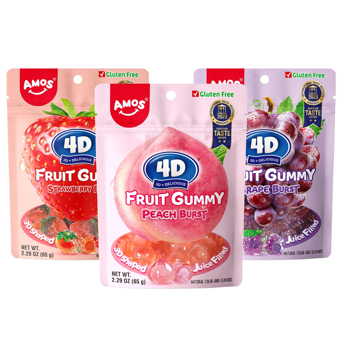 AMOS Gummy Candy 4D Fruit Gummies, Fruit Snacks Strawberry Peach Grape Burst, Resealable 2.29oz Bag, Natural Flavor (3 Pack Vari