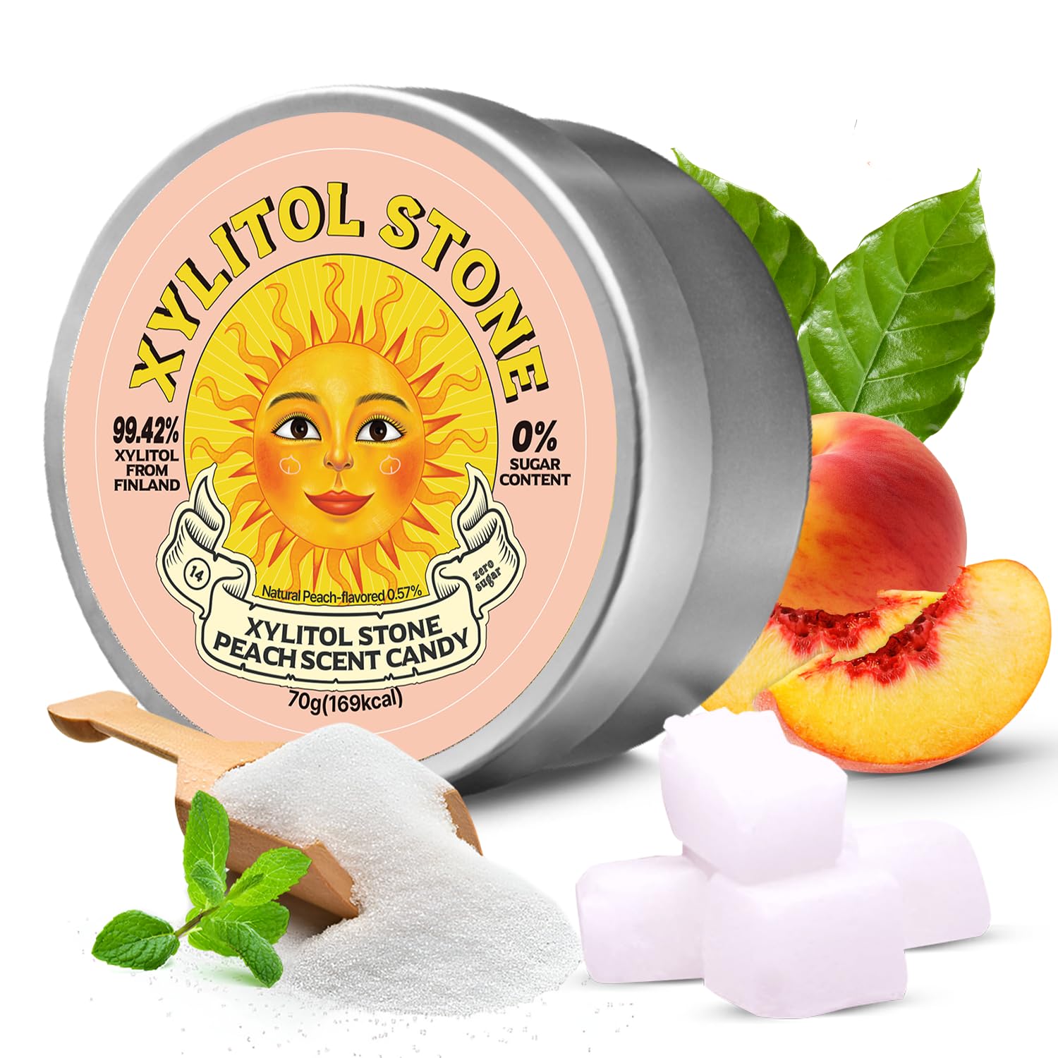 Xylitol Stone Sugar Free Candy - Vegan & Keto Friendly Unique Hard Candy - 100% Natural Flavor Candies - Gluten Free & Non-Gmo Breath Freshener Low Calorie Mints - Pack Of 1 (Peach)