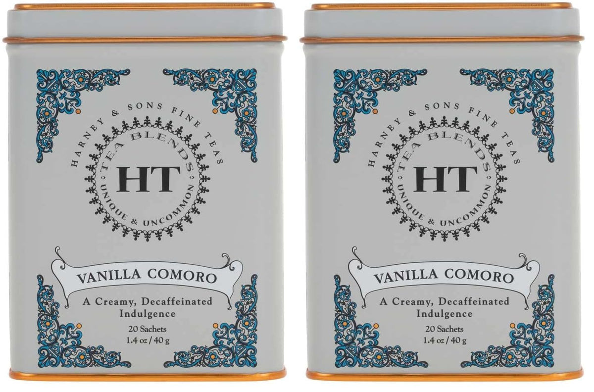 Harney & Sons Tea Decaffeinated, Great Present Idea, Vanilla Comoro, 1.4 oz Tin (20 Sachets) (Pack of 2)