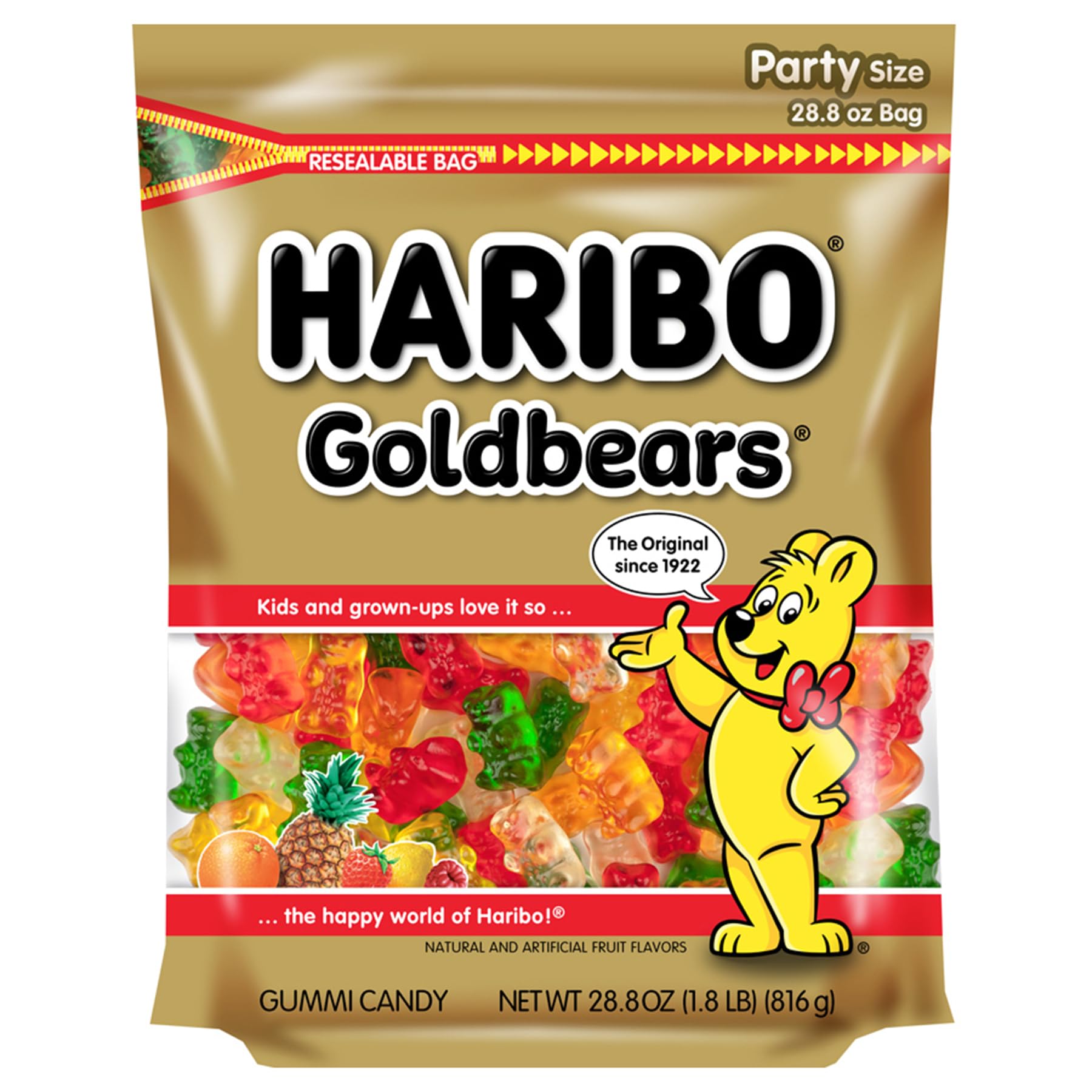 HARIBO Gummi Candy, Original Goldbears Gummy Bears, 28.8 Ounce Resealable Party Size Bag, Delicious Soft & Chewy Sweet Snacks, A