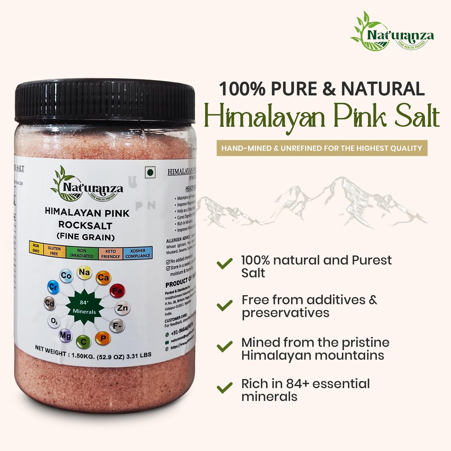 Naturanza Himalayan Pink Rock Salt Fine Grain, 52.9 OZ, Organic, Non-GMO, Gluten-Free, Keto-Friendly, Kosher Compliant
