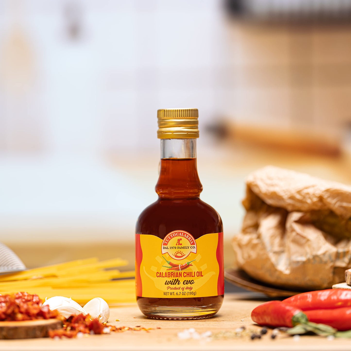 TuttoCalabria, Calabrian Chili Pepper Infused Oil, Calabrian Peppers infused with 100% Extra Virgin Olive Oil, 10 ml 6.7 oz