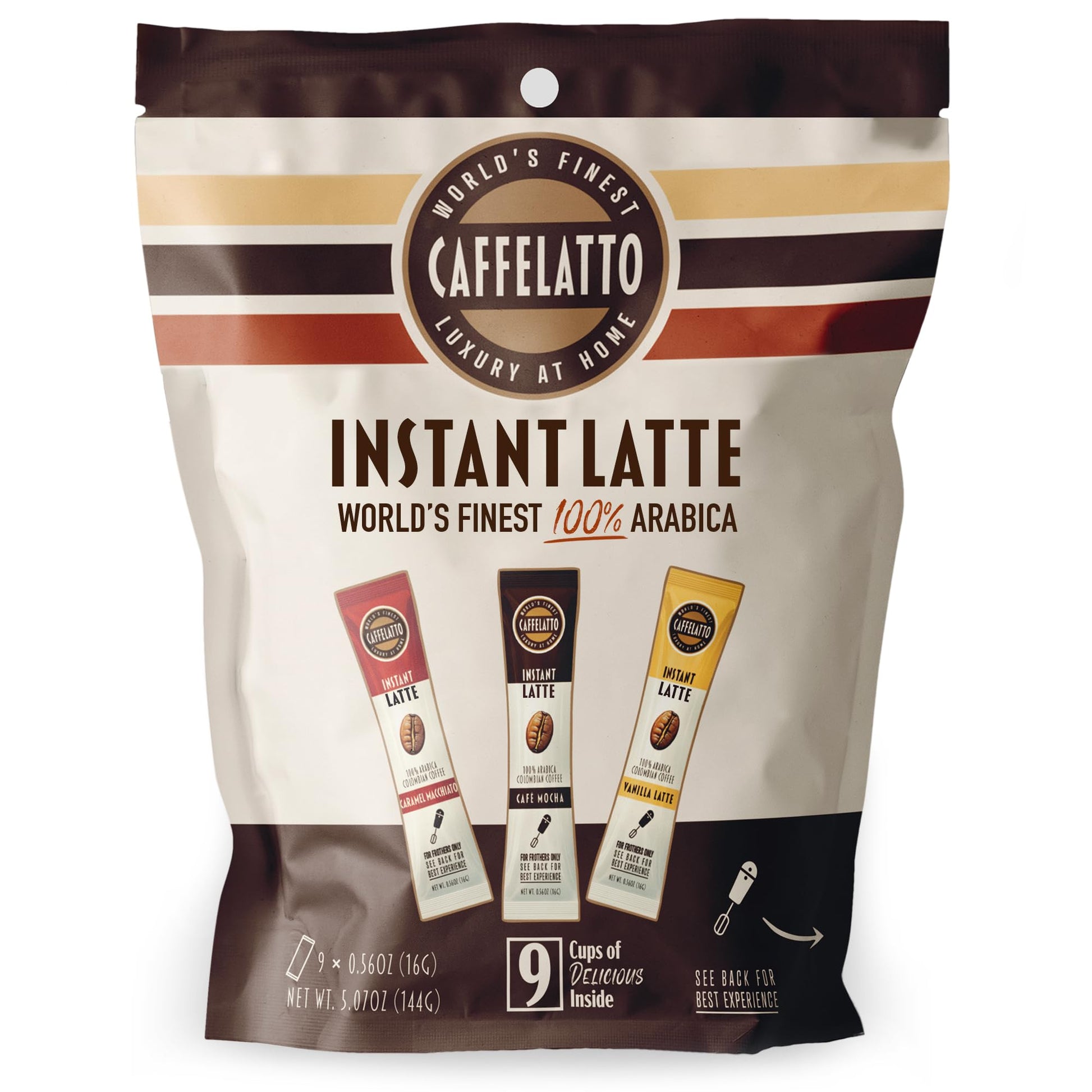 CAFFELATTO Instant Coffee Latte Mix – Mocha, Vanilla, Caramel – 9 Single Serve Sticks, 0.56 Ounce Each, 100mg Caffeine