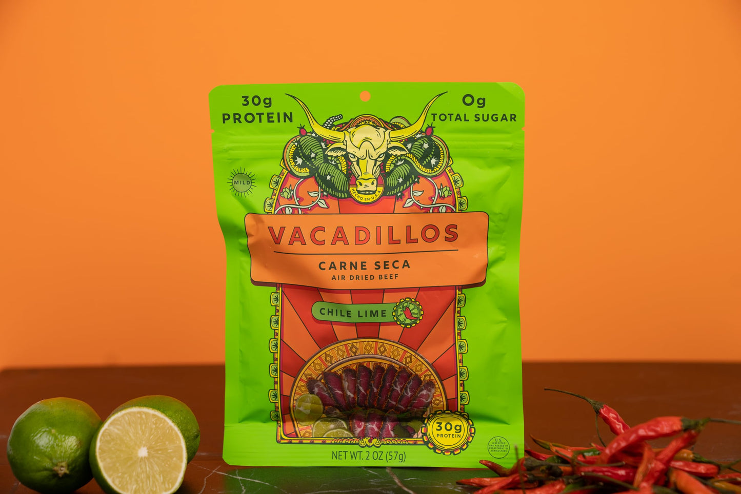 Vacadillos High Protein Beef Jerky - Chile Lime, Sugar Free, Gluten Free, Keto Friendly, 2 Ounce (Pack of 4)