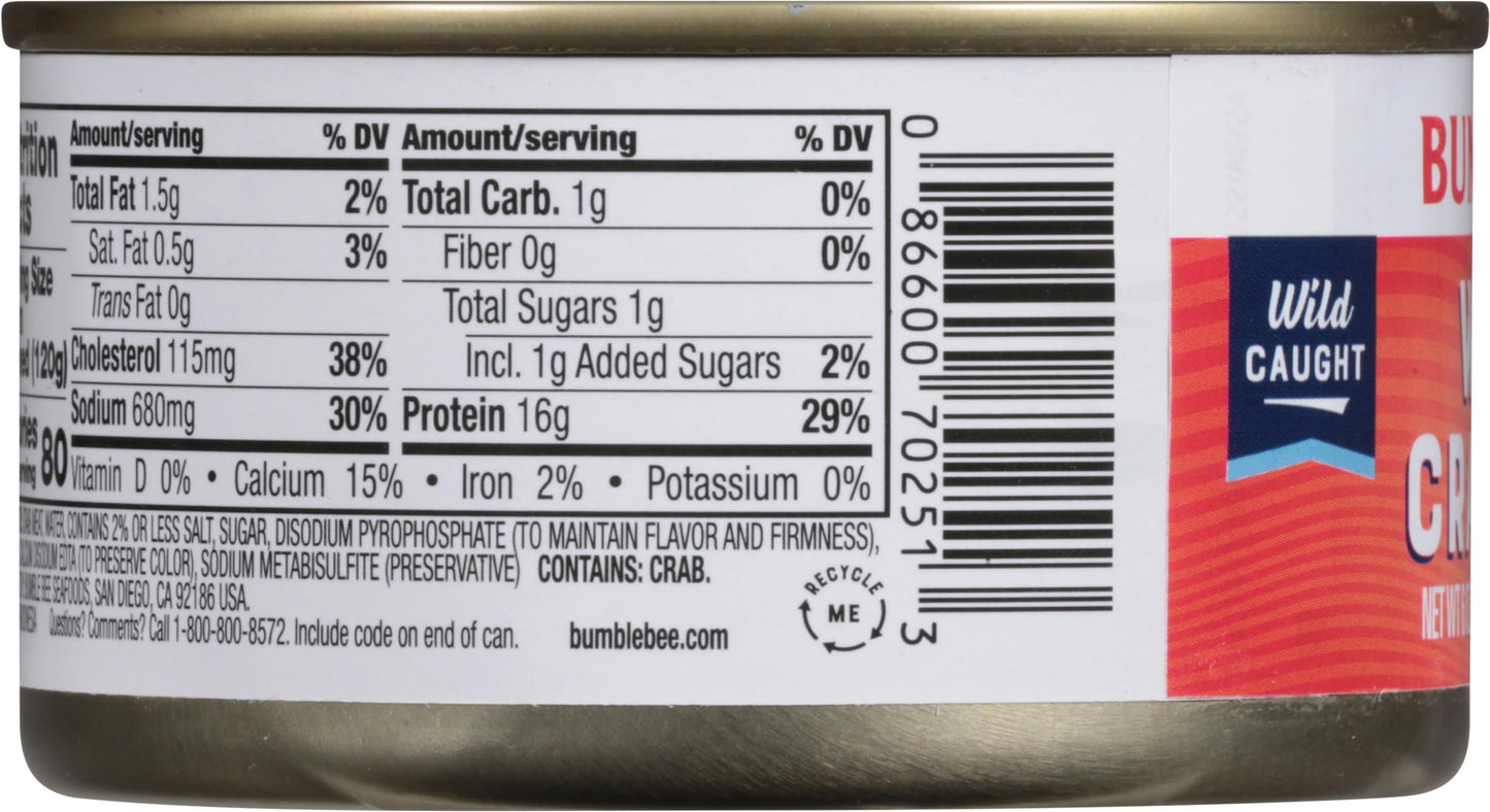 Bumble Bee White Flake Crab Meat in Water, 6 oz Can - 14g Protein & 1g Carb Per Serving - Wild Caught, Flaky, Drain Before Use,