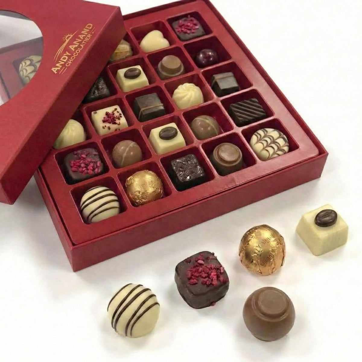 Andy Anand Chocolatier 24 Piece Top-Grade Bon Bon Chocolate Collection Assortment  Truffles Gift Box - Exotic Flavors  Pistachio Cream  Mint  Tiramisu And More