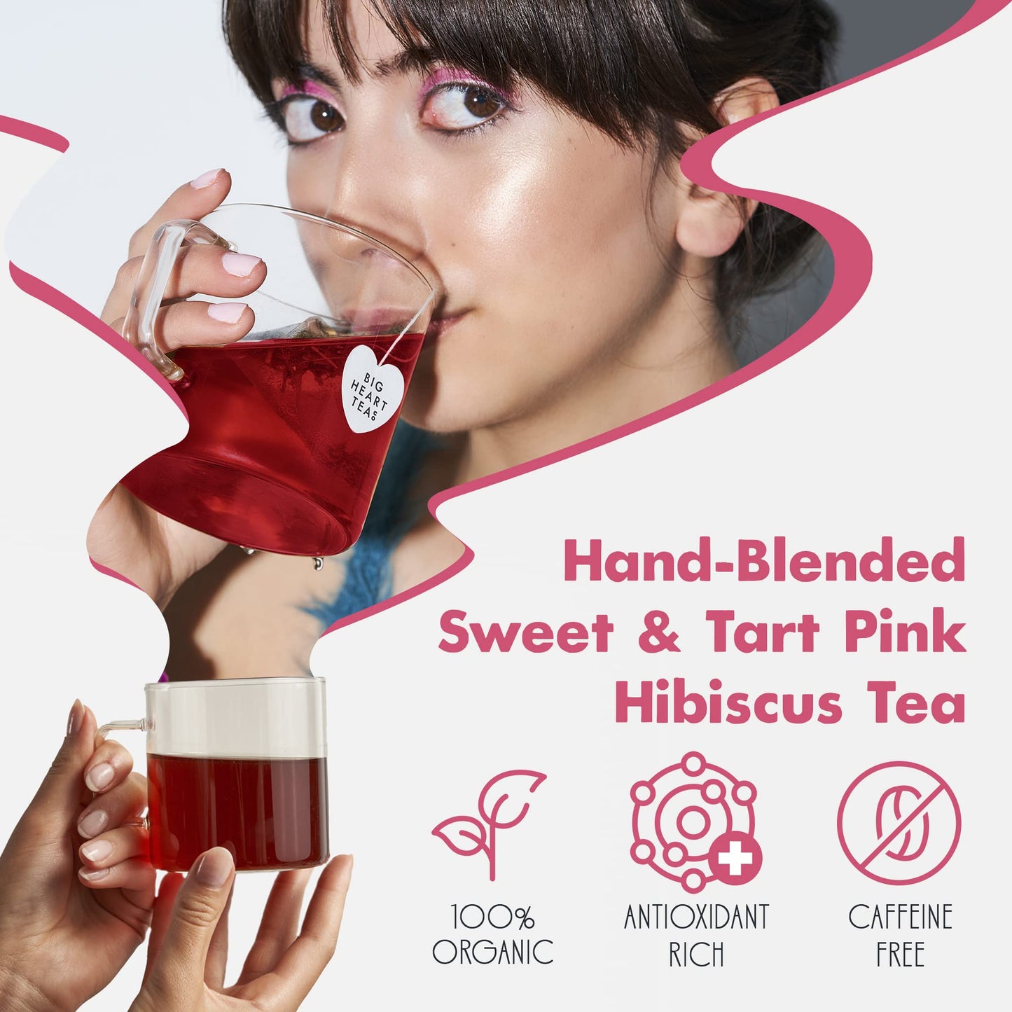 Big Heart Tea Co. Herbal Tea - Blushing Pink Hibiscus, Organic, Adaptogenic Tulsi & Lemongrass, 50 Tea Bags