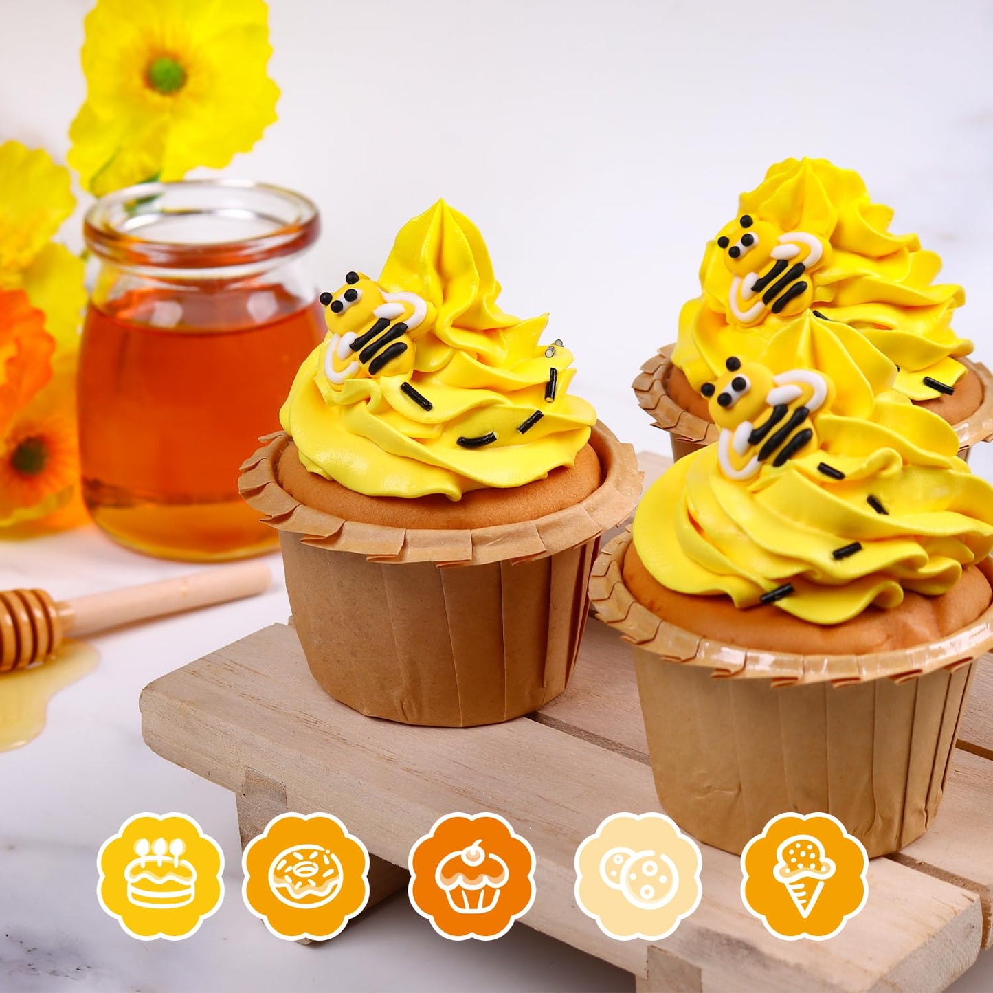 Milovin Edible Bee Cake Decorations, 16 pcs for Cupcakes, Ice Cream, Cookies, Macaron - Yellow Bee