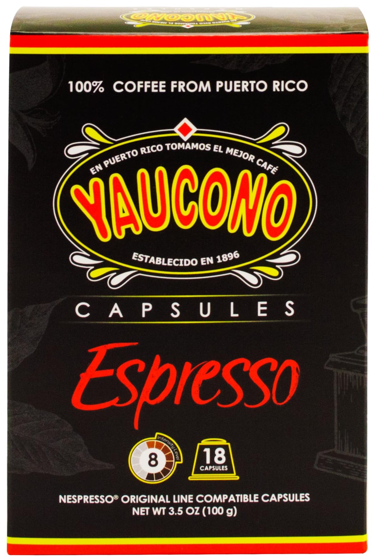 Yaucono Espresso compact pieces, Espresso Roast, Compatible with Nespresso, 144 Count (8 Packs of 18)