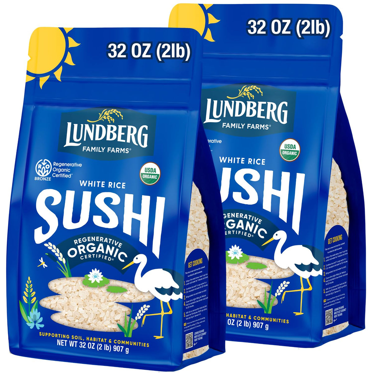Lundberg Sushi Rice 2-Pack – Sticky White Short Grain, Organic, 32 Oz Each