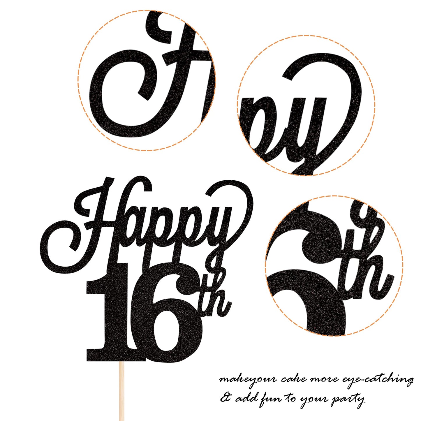 YCTHUNFISH Happy 16th Cake Topper, Black Glitter Number 16, Bamboo Material, Birthday Party Decorations