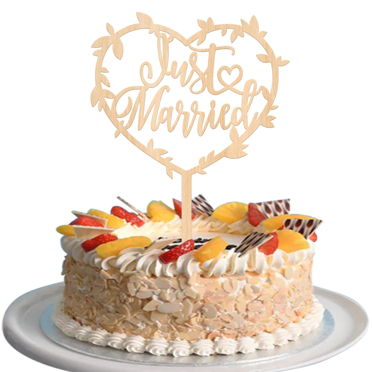 1 Pack Just Married Cake Topper Glitter Wooden Leaves Wedding Engagement Cake Pick Mr And Mrs Love Heart Cake Decoration For Bri