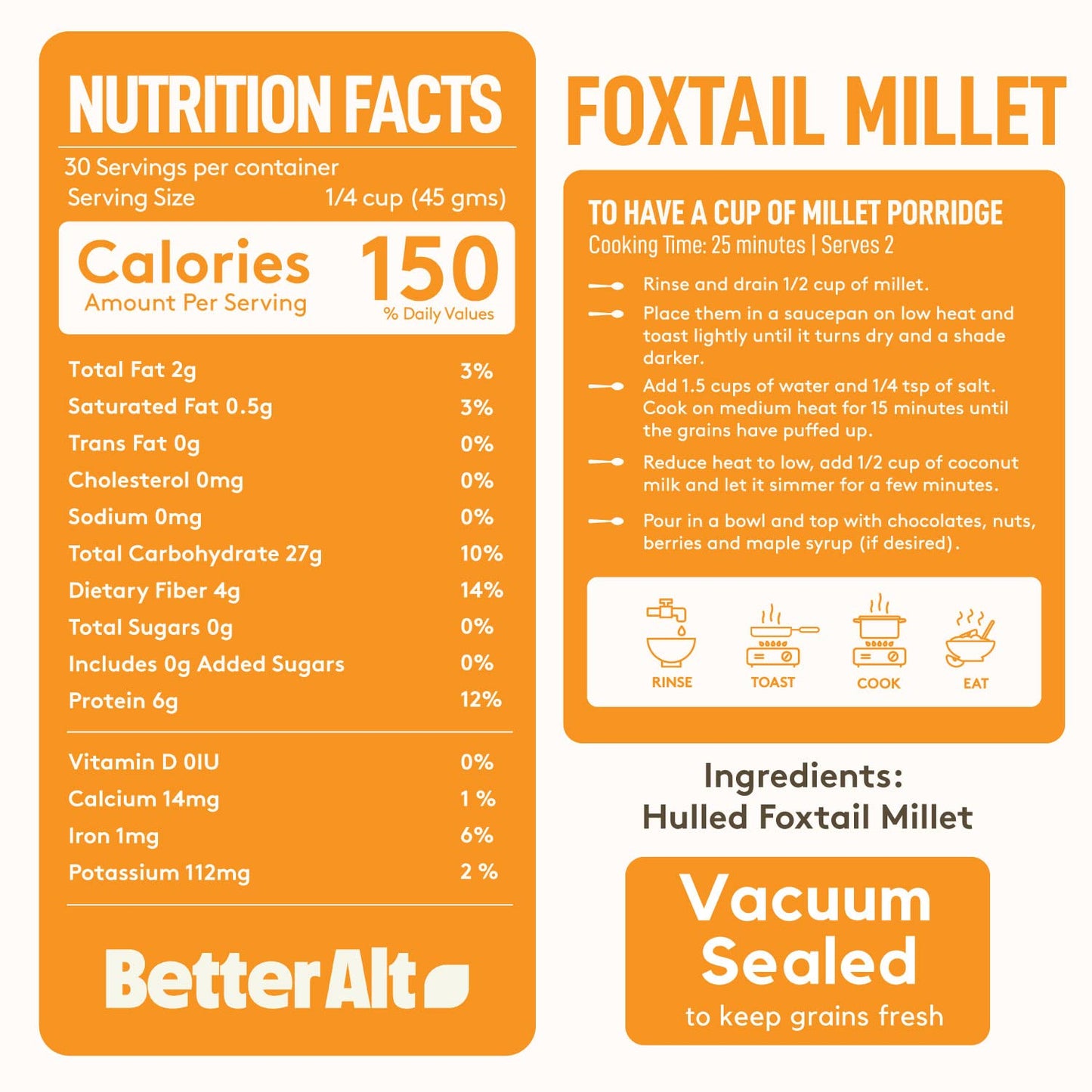 Better Alt 3 LBS SUPER PACK Millet Grain, Superfood of the Year 2023, Gluten Free, Hulled Whole Grain, Foxtail Millet, High Prot