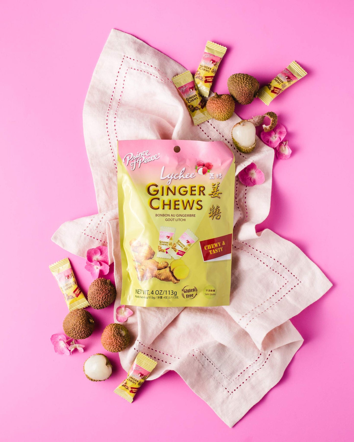 Prince Of Peace Ginger Chews With Lychee, 4 Oz. – Candied Ginger – Lychee Flavored Candy – Lychee Ginger Chews