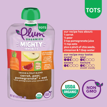 Plum Organics Mighty Immunity Organic Toddler Food - Carrot, Pear, Pomegranate, and Oat - 4 oz Pouch (Pack of 12) - Organic Vege