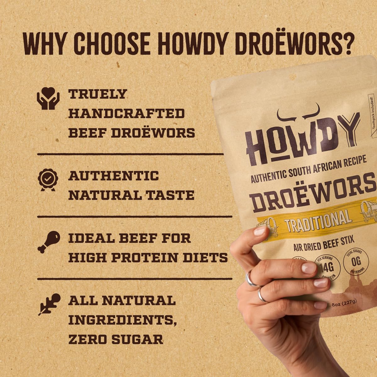 Howdysnax Handcraft Authentic Small Batch Drowors Beef Sticks Sugar Free, Soy Free, Paleo & Keto Friendly Snack