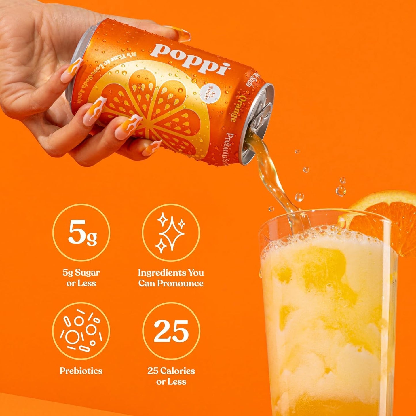 KD Chocolates Poppii Orange Prebiotic Soda, 12 oz Cans, 4 Pack
