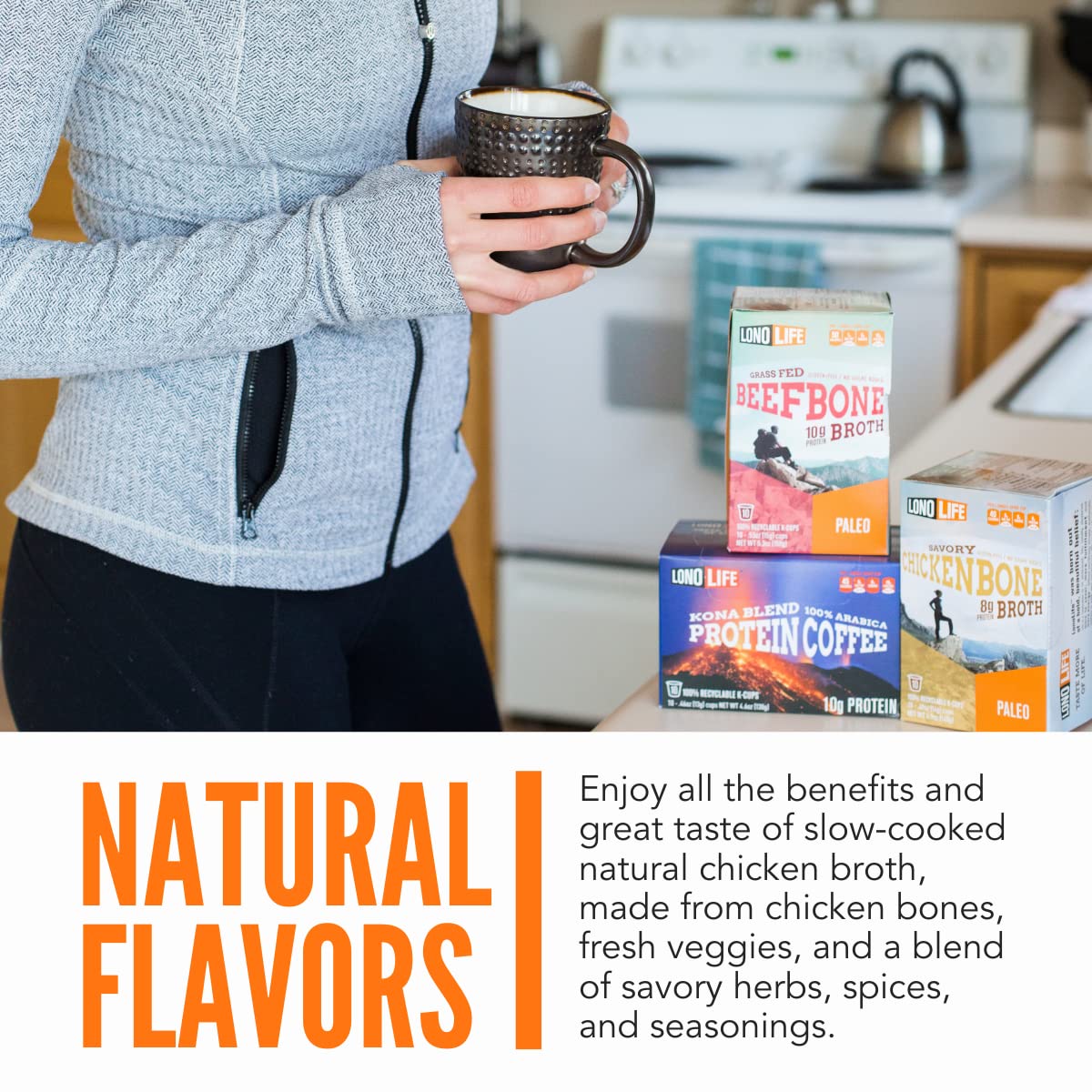 LonoLife Chicken Bone Broth Powder, 10g Protein, 2.24 oz, 4 Single Serve Cups