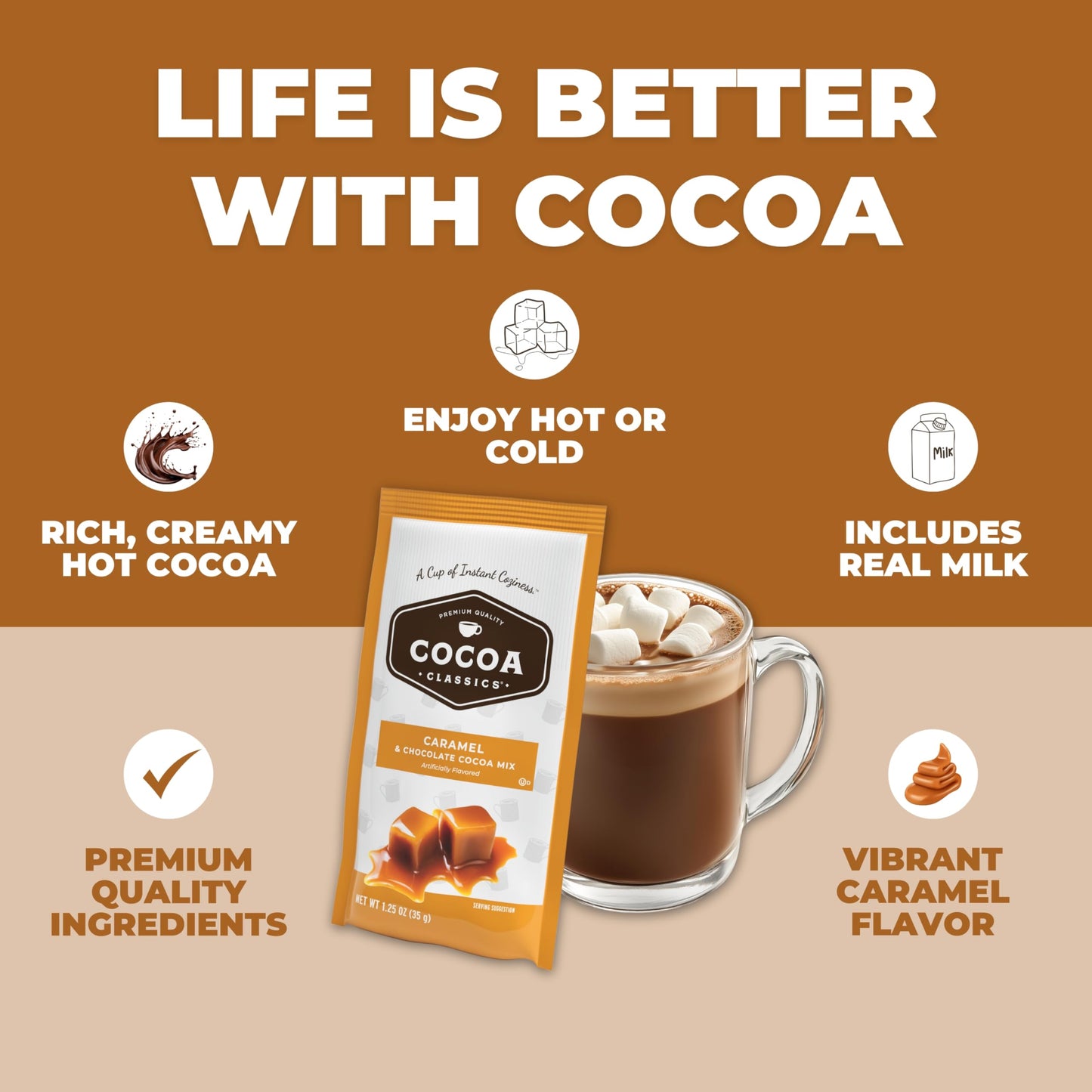 Cocoa Classics Caramel Cocoa Mix | Made With Nonfat Milk | Just Add Hot Water | Gluten Free & Kosher Dairy Friendly | 1.25Oz Pac