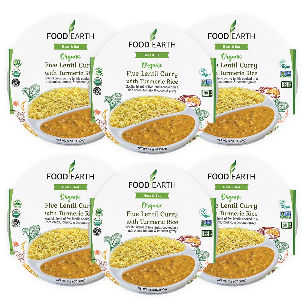Food Earth Ready to Eat Indian Meal - Five Lentil Curry with Turmeric Rice - Organic, Vegan, Gluten-Free, GMO-Free, Plant-Based 