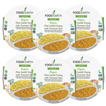 Food Earth Ready to Eat Indian Meal - Five Lentil Curry with Turmeric Rice - Organic, Vegan, Gluten-Free, GMO-Free, Plant-Based 