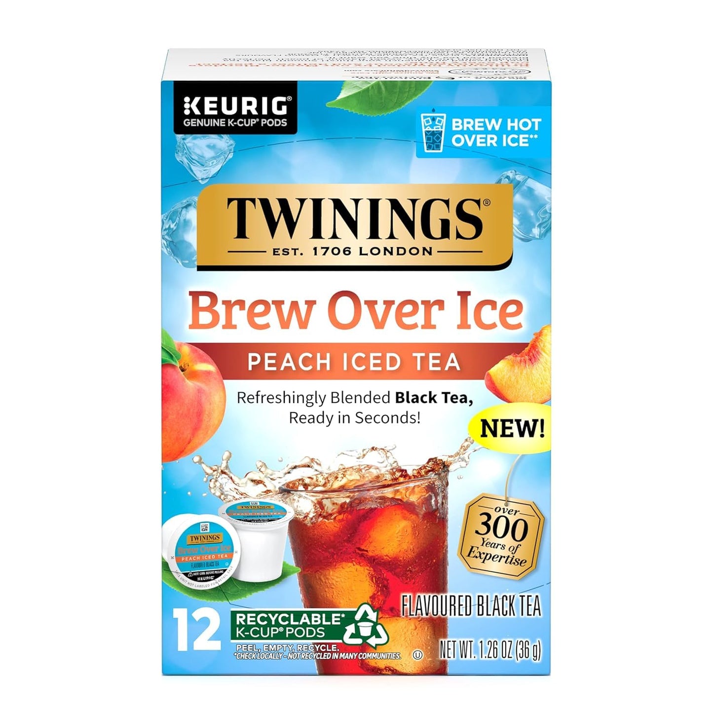 Twinings Brew Over Ice Unsweetened Peach Black Iced Tea 72 K-Cup Pods for Keurig, 12 Count (Pack of 6), Caffeinated