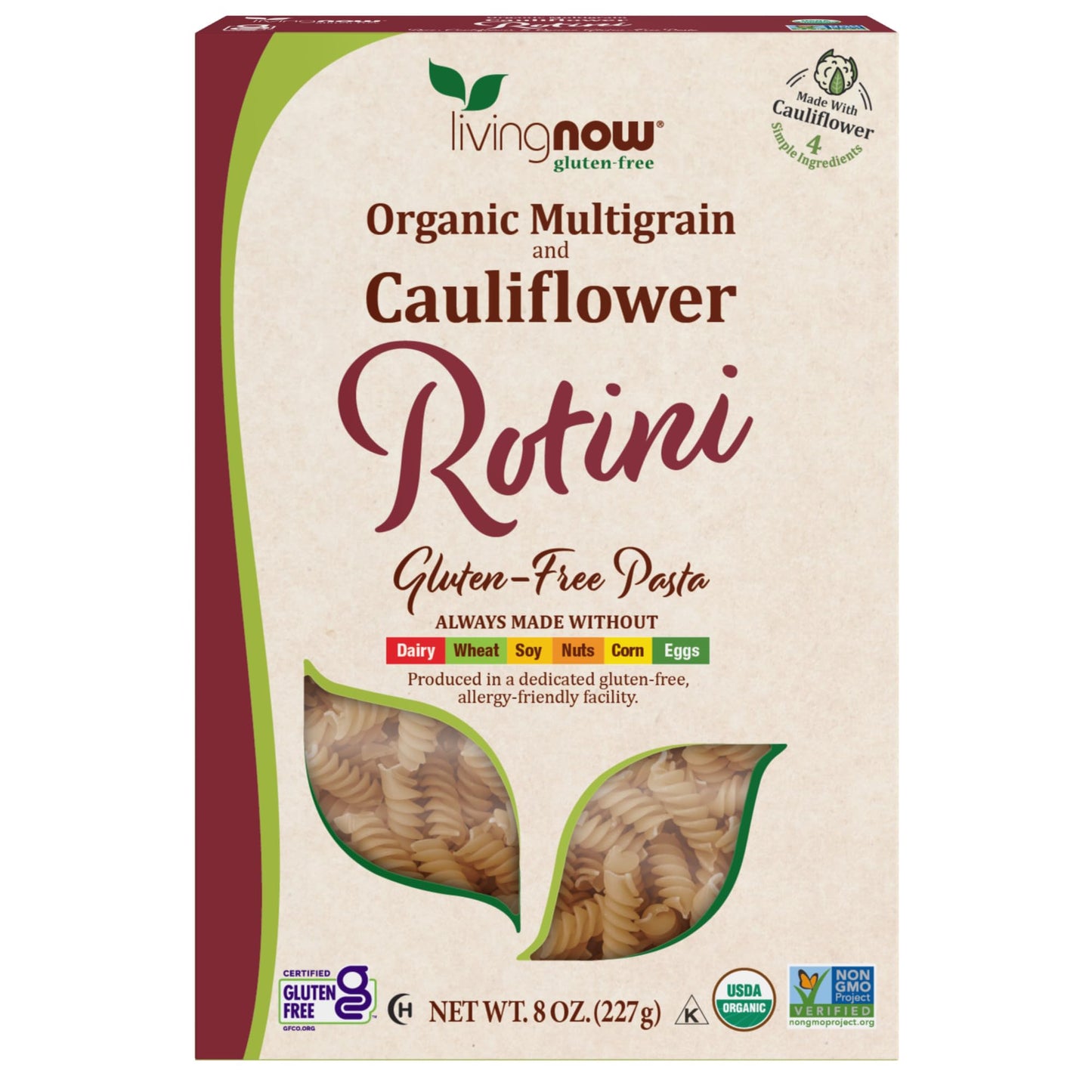 NOW, Living NOW, NOW Natural Foods, Organic Multigrain and Cauliflower Rotini Gluten Free Pasta, Made Without Dairy, Wheat, Soy,