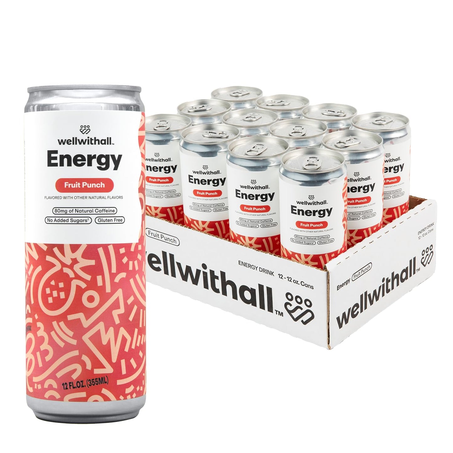 Wellwithall Fruit Punch Energy Drink – Caffeine From Tea – With Vitamin C – Lightly Sparkling Beverage – Fruit & Veggie Juice Blend – 12 Oz (Pack Of 12)