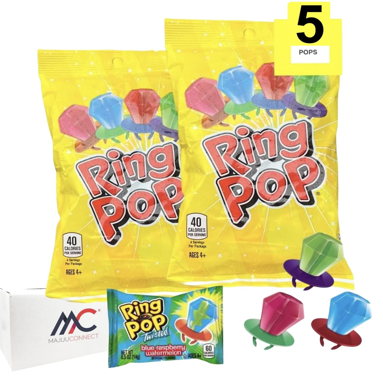 Ring Pop (2 pack) 10 Pops Total |Individually Wrapped Lollipop Suckers w/Assorted Fruity Flavors - Fun Candy for |Easter basket 