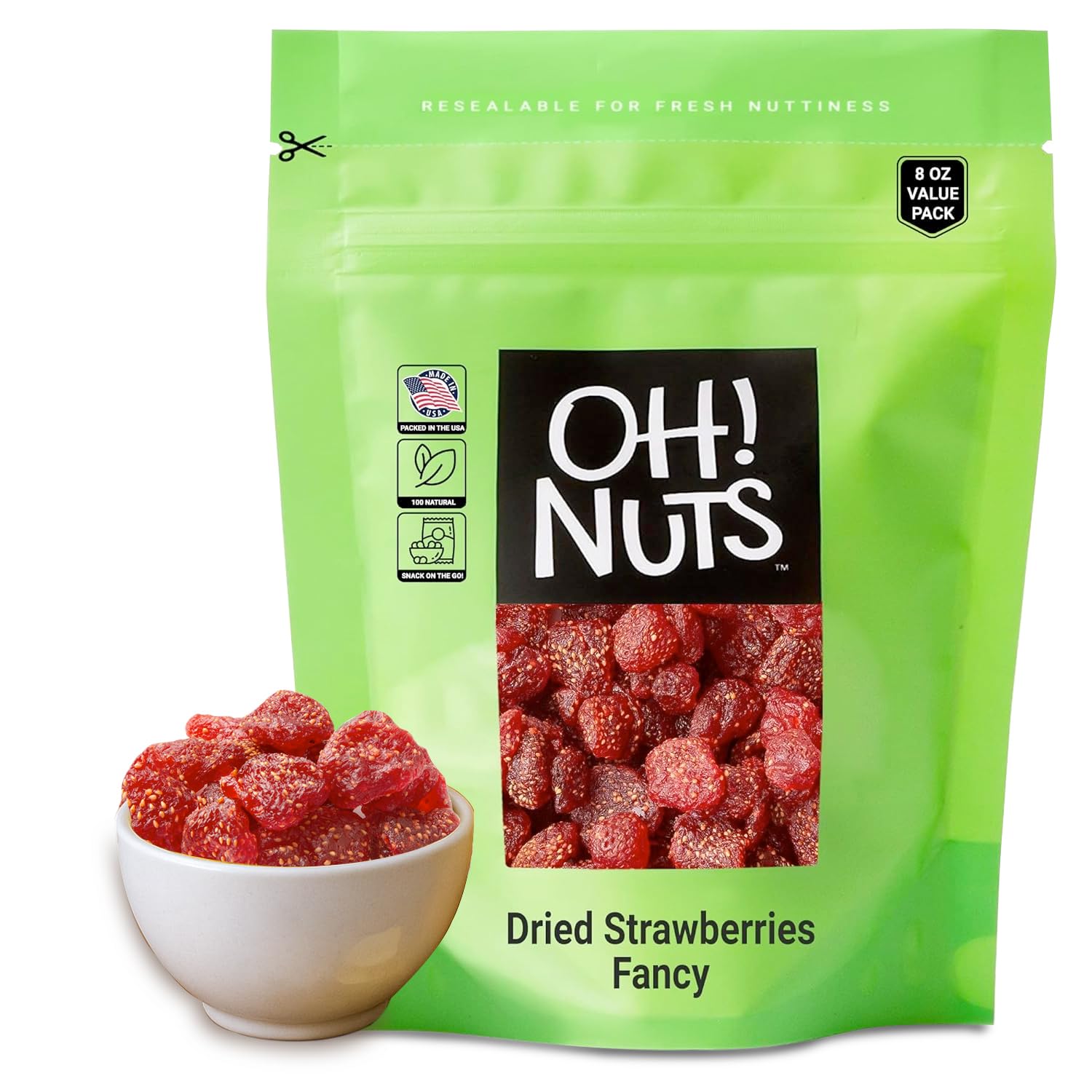 Oh! Nuts Dried Strawberries - 8 oz - Sweetened Dried Fruit - Dehydrated Fruit Bites - Packed in New York Zip-Seal Bag for Except