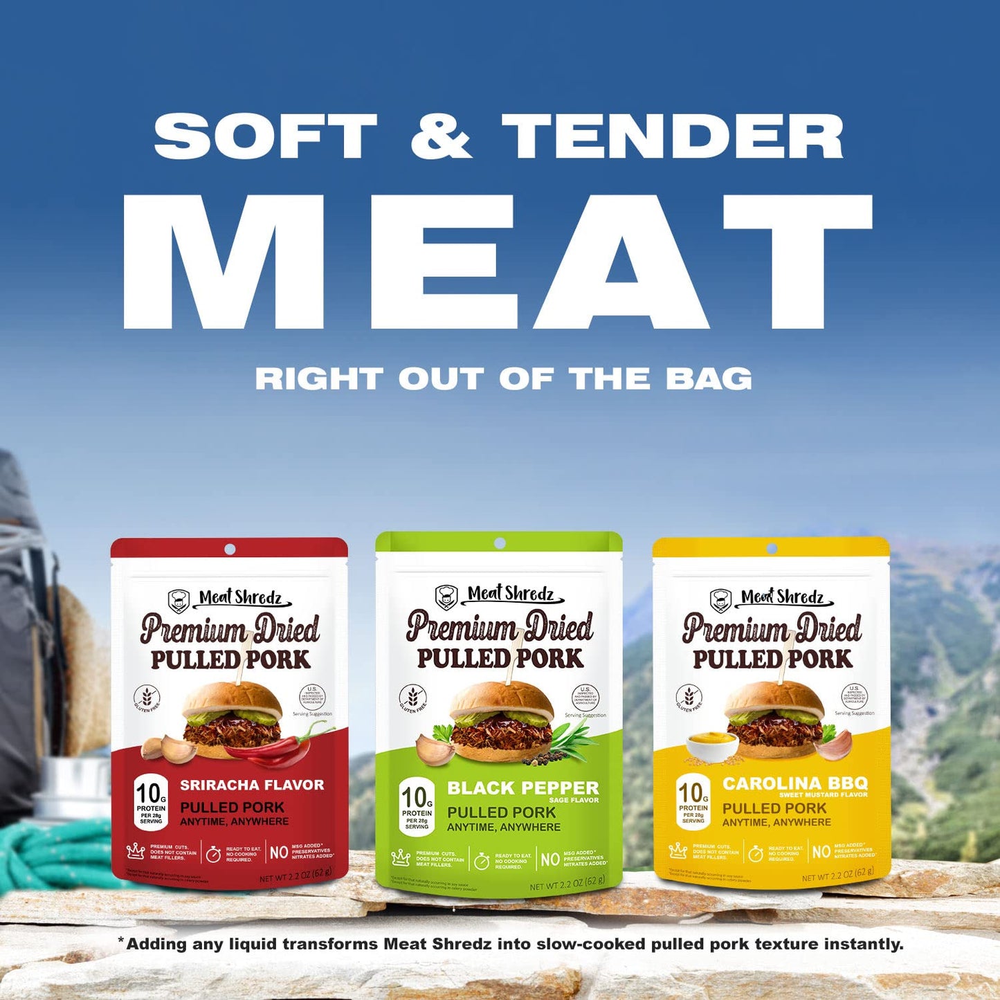 Meat Shredz - Enhanced Dried Pulled Pork (Carolina Bbq - Sweet Mustard, 4 Pack) | Gluten Free | High Protein & Low Sugar | Bacon Bits | Dehydrated Backpacking & Camping Food | Shredded, Dried Jerky Chew Snack