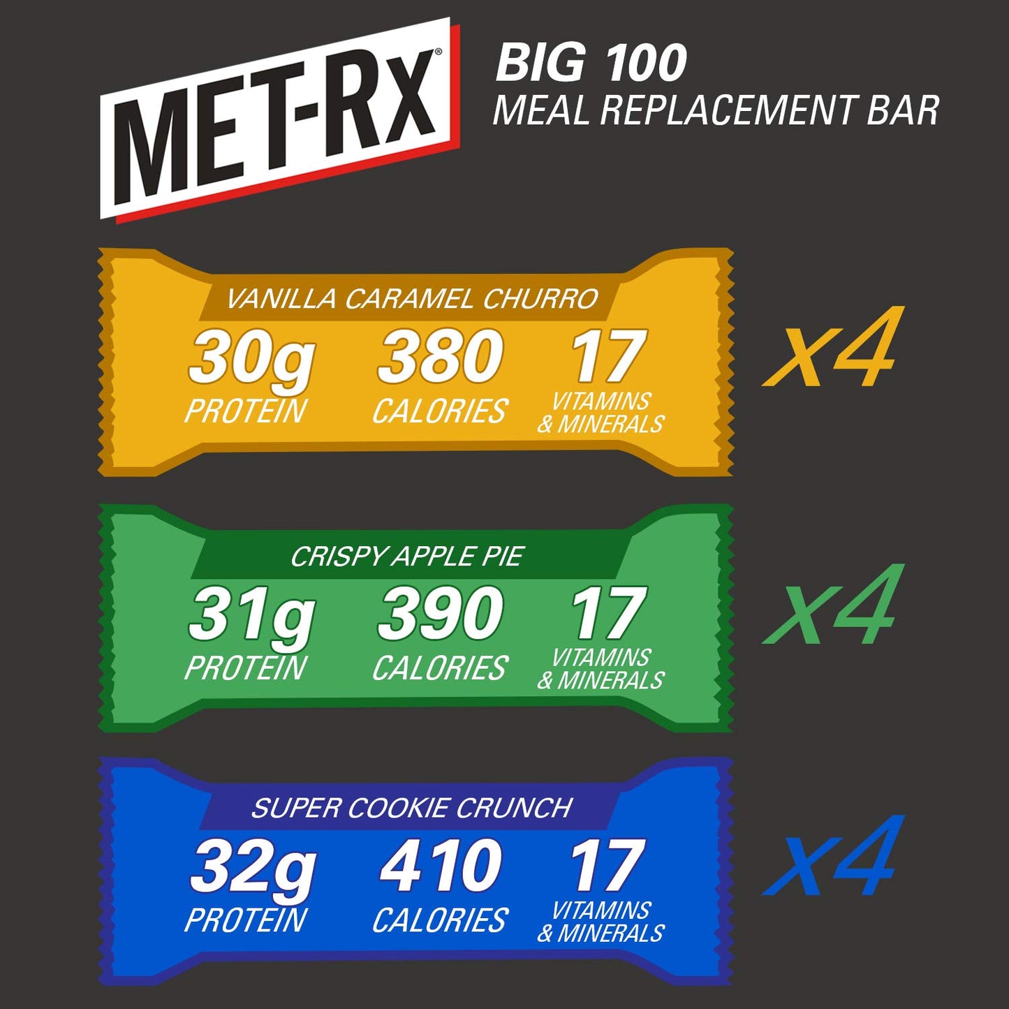 Met-Rx Big 100 Colossal Protein Bars Variety Pack, Super Cookie Crunch, Vanilla Caramel Churro, And Crispy Apple Pie Flavors, Brown, 12 Count