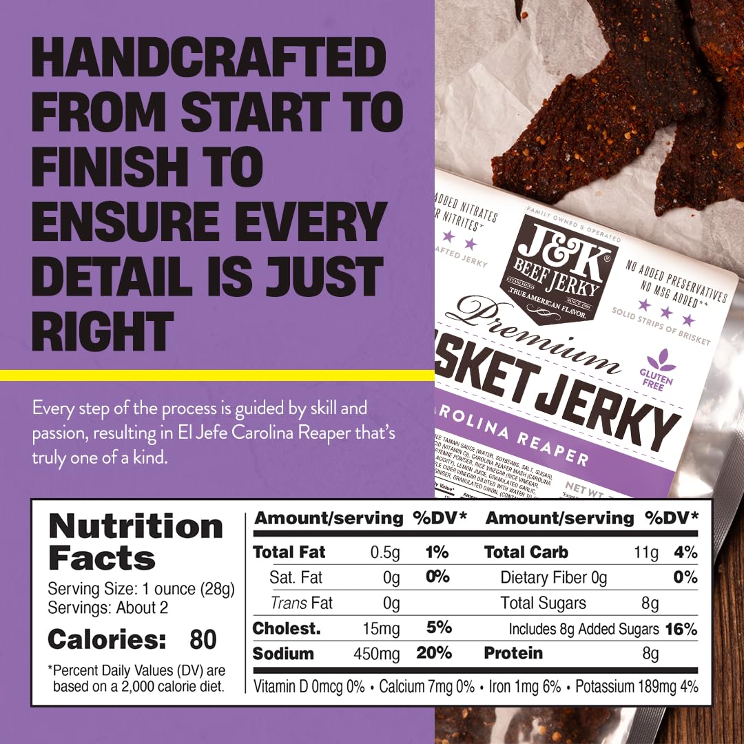 J&K Jerky Carolina Reaper Beef Brisket Jerky - Small Batch American Made Slab Beef Jerky'S Spicy And Savory Snack With A Kick -