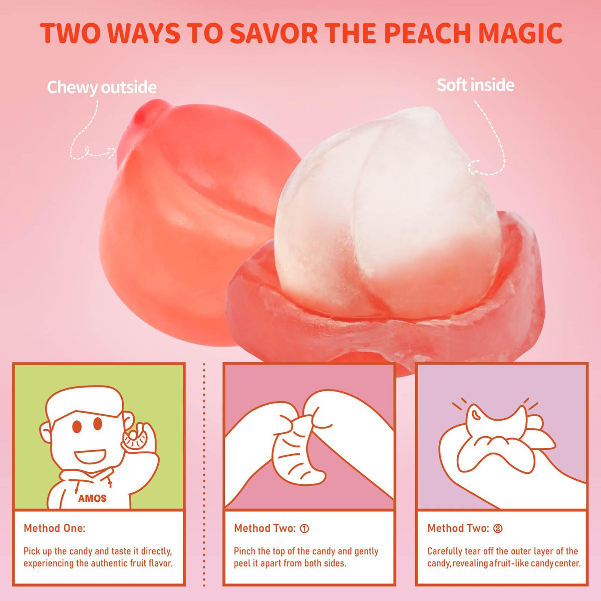 Amos Gummy Peach Candy, Peelable Fruit-Shaped Snack, 8.47oz Box with 10 Packs