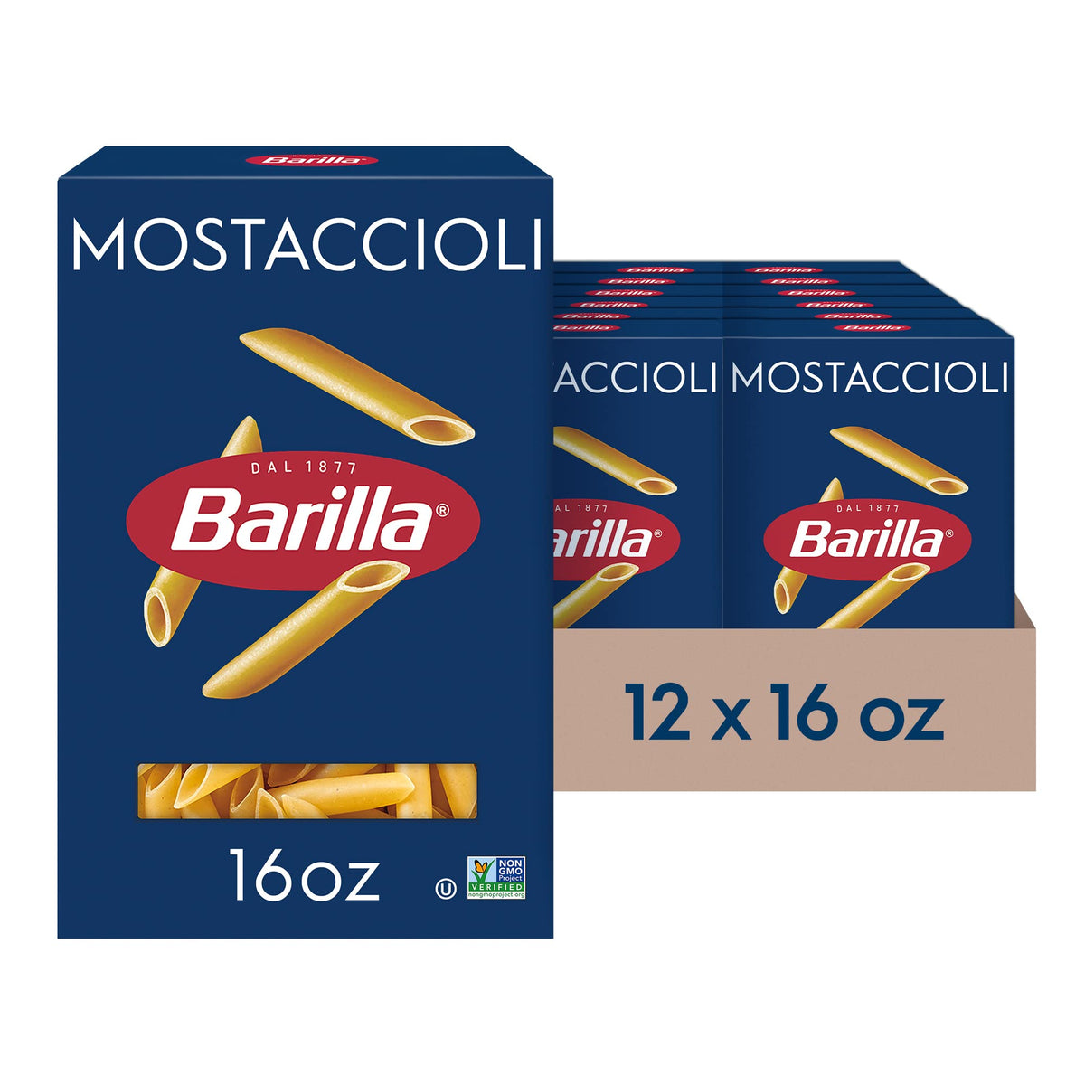 Barilla Mostaccioli Pasta, 16 Oz. Box (Pack Of 12) - Non-Gmo Pasta Made With Durum Wheat Semolina - Kosher Certified Pasta