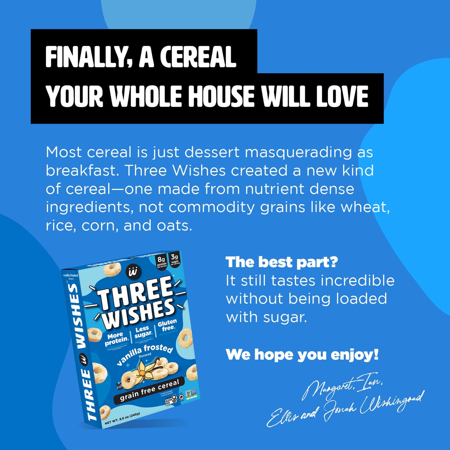 Plant-Based and Vegan Breakfast Cereal by Three Wishes - Frosted, 1 Pack - More Protein and Less Sugar Snack - Gluten-Free, Grai