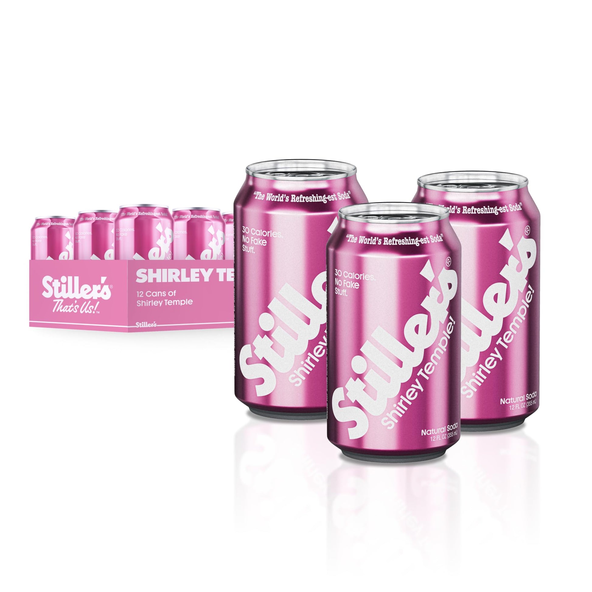 Stillers Shirley Temple Soda - 12 Pack Cans - Sparkling Cherry Lemon Lime Mocktail Drink - Low Sugar  Caffeine-Free  Natural Soda Pop with Real Cane Sugar  Stevia & Vitamins - Alternative to Diet Soda
