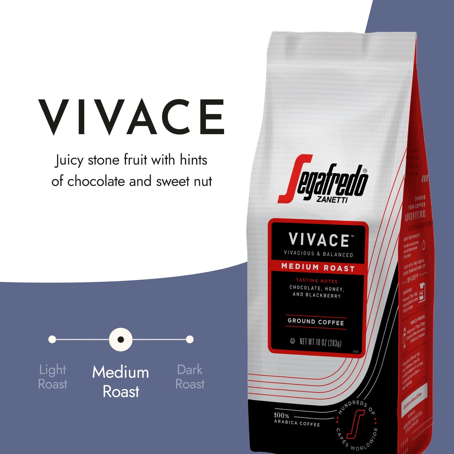 Segafredo Zanetti Ground Coffee - Made with Arabica Coffee - Medium Roast  Balanced with Smooth Acidity - Colombian & Brazilian Blend - Vivacious Medium Body - Vivace  10oz Bag  Pack of 6