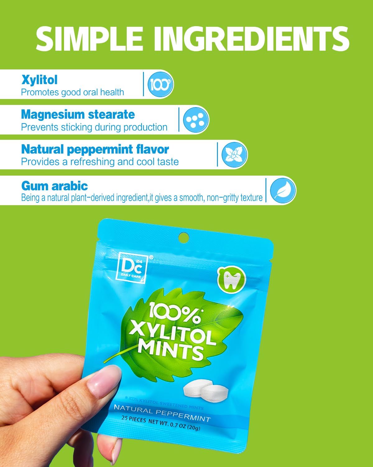 DC24 DAILY CARE Xylitol Mints - Sugar Free, Vegan, Gluten Free, Peppermint Flavor, 25 Pieces per Pack, 4 Packs