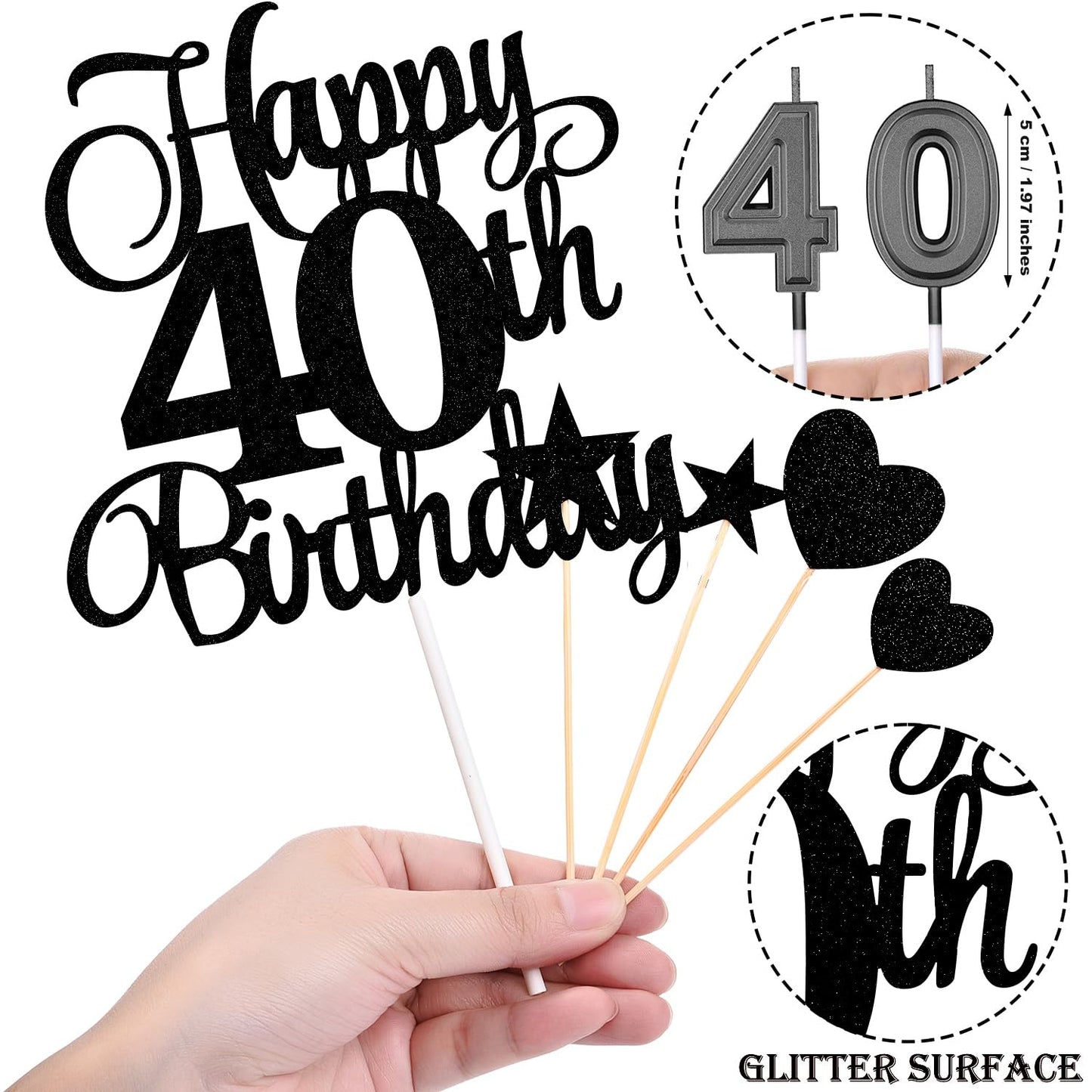 HOGRTi 40th Birthday Cake Decorations Set, Black Series, Paper Candles & Toppers, Numeral 40, Heart & Star Cupcake Picks