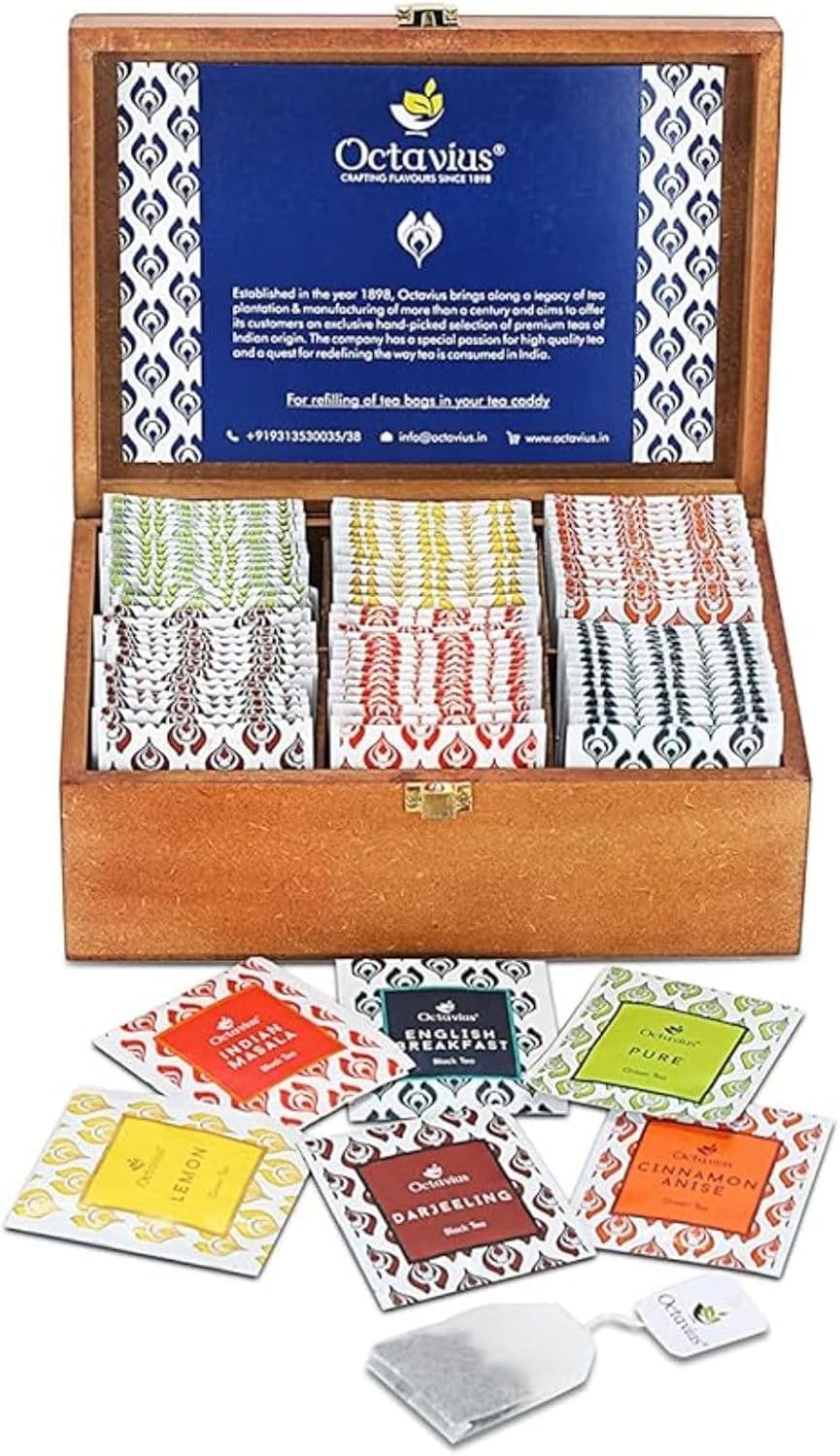 Octavius Gifts Select - Assorted Tea In Lotus Printed Wooden Box | 6 Flavors, 90 Tea Bags | Black & Green Tea | Tea Gifts For Women & Men | Tea Variety Pack