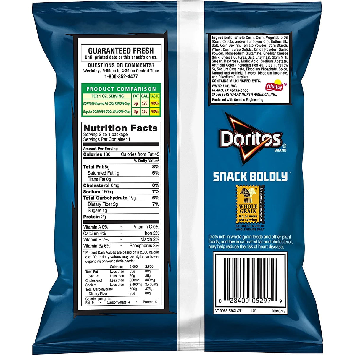 Doritos Flavored Tortilla Chips, Reduced Fat Cool Ranch, 1 Ounce (Pack of 72)