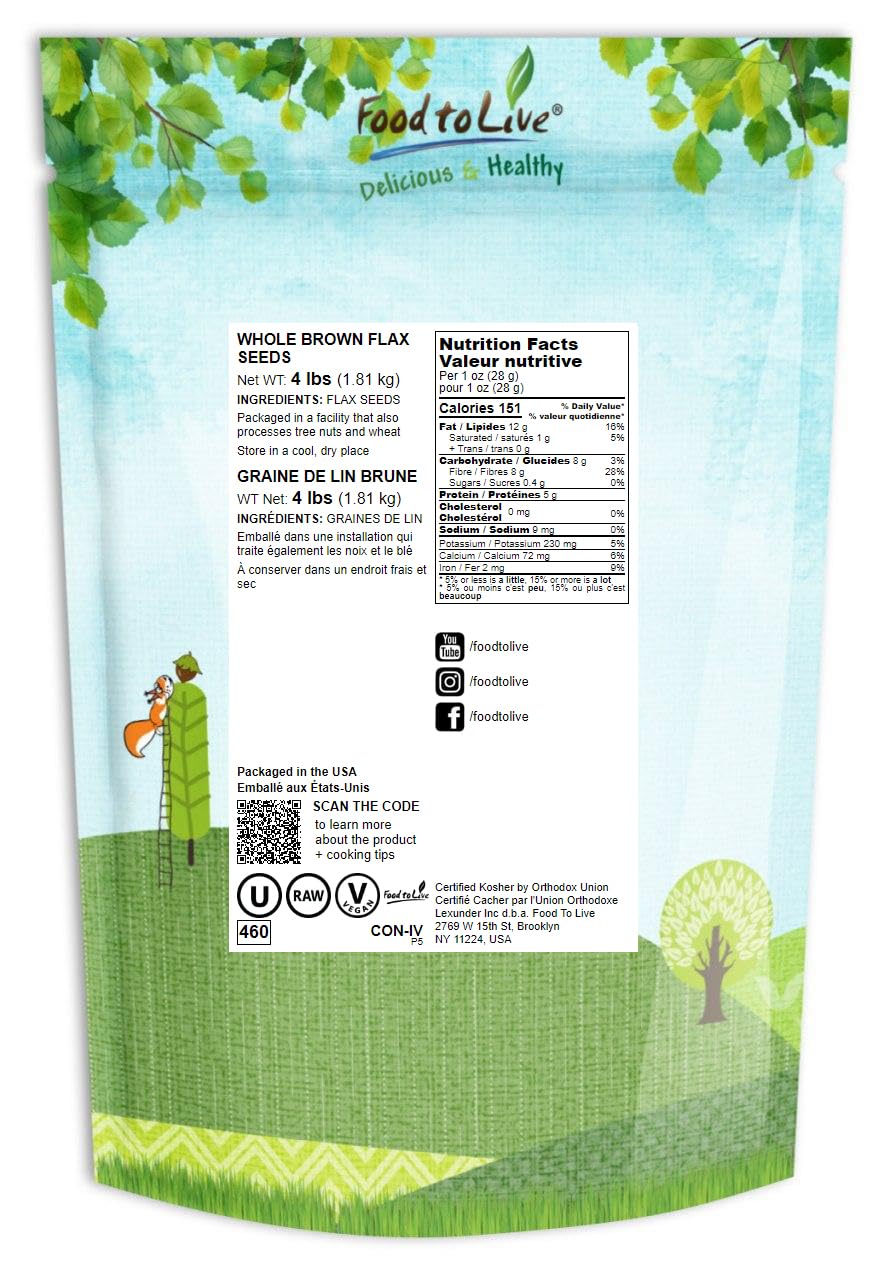 Food To Live Brown Flax Seeds, 4 Pounds Raw Whole Flaxseed, Kosher, Vegan, Bulk. High Dietary Fiber Food. Rich In Omega-3 Fats. Great For Salads, Baked Goods, Smoothies, Oatmeal, And Yogurt.