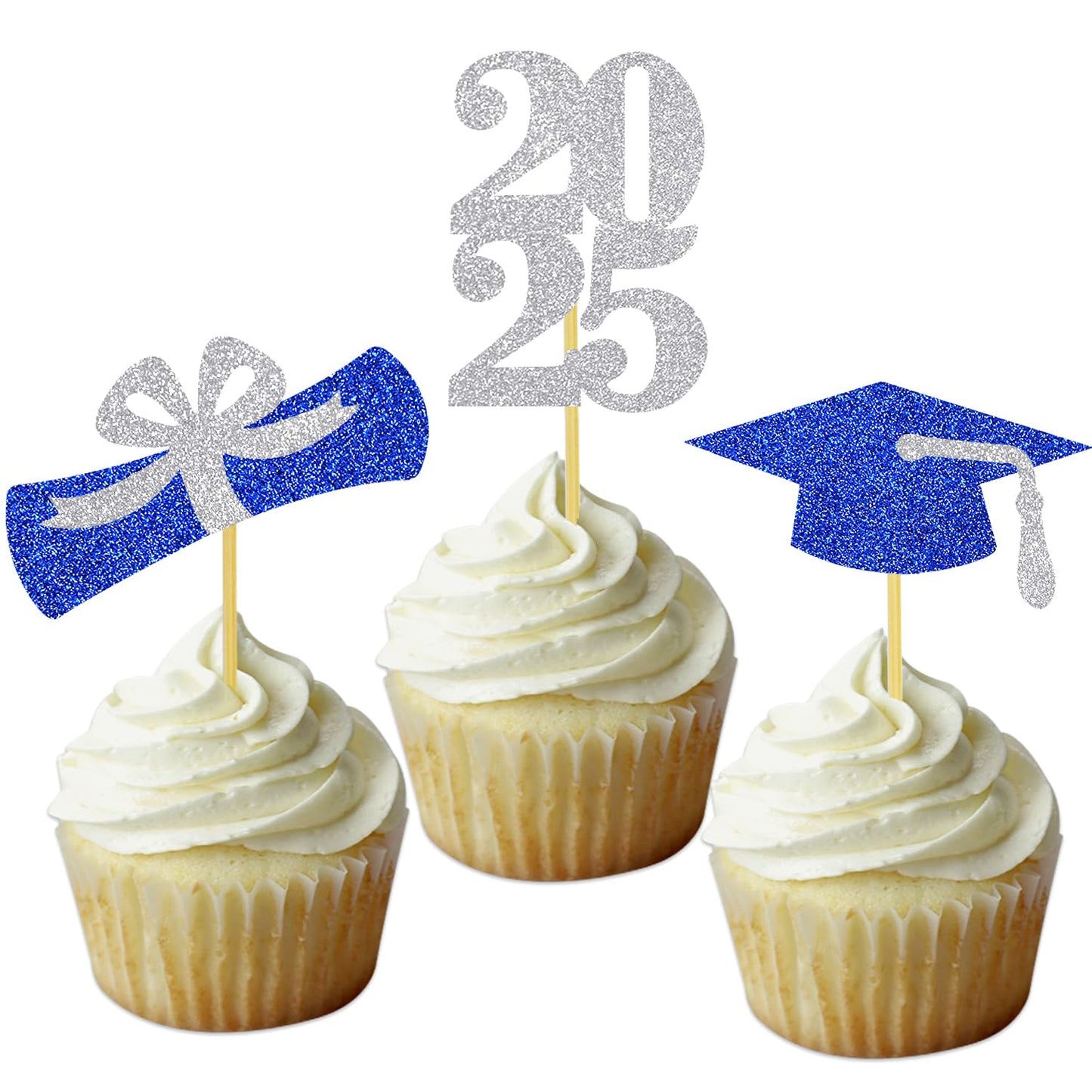 DOMOO OF DREAMS Graduation Cupcake Toppers 24 PCS Blue Silver Glitter Diploma Cap School Colors